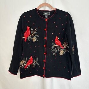Terrazo‎ Cardigan Sweater Size Large Holiday Cardinal Embroidered Beaded Bird